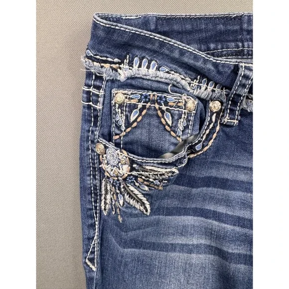 Grace in LA Bootcut Jeans Womens Blue Embroidered Sequin Feather Distressed 31 - Picture 7 of 10